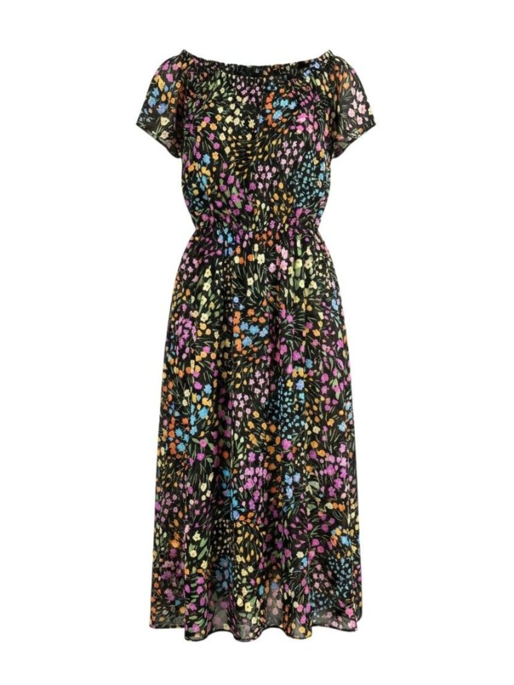 Robert Louis Womens Black Floral Midi Dress Short Sleeve Elastic Waist S
